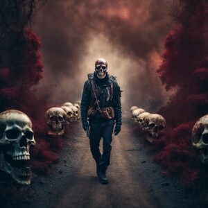 Alien zombie with skull fangs made of skulls, walking the path o...