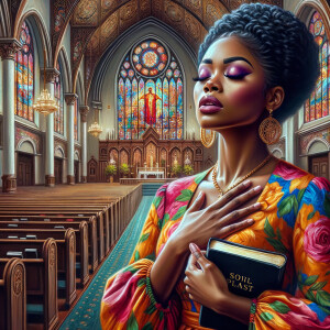 Render an airbrush oil painting of an African American woman with flawless makeup in
a moment of spiritual revelation, a Bible in one hand, the other hand touching her
heart. She's dressed in vibrant Sunday Best attire, with the church's interior, adorned
with intricate stained glass, serving as the backdrop. The oil paint texture adds depth
and a divine ambiance to the scene, capturing the woman's emotional connection to
her faith, the elegance of her attire, and the spiritual atmosphere of the church setting.
The artwork should reflect the profound impact of the spiritual revelation on her,
emphasizing the beauty and serenity of the moment.