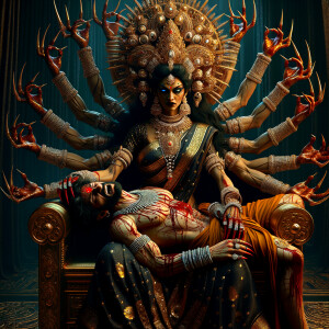 portrait of intense looking, four-armed indian goddess sitting...