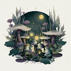 Detailed nighttime forest scene: a circle of mushrooms glowing u...