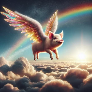 Illustrate Pigasus, the whimsical flying pig, soaring through a...