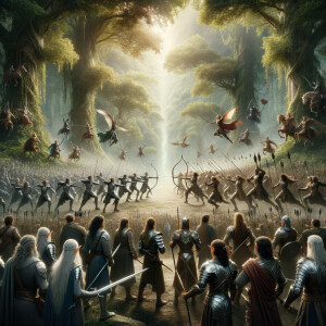Create an epic scene the battle between elf and human