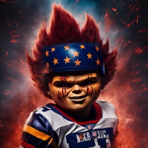stylized, aggressive-looking  chucky  with cuts, stiches and blo...