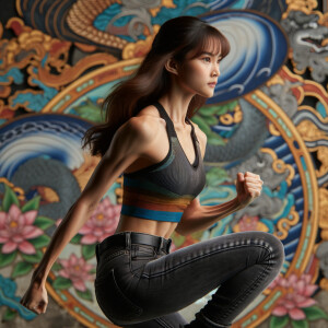 Very thin Athletic Thin skinny Attractive, Asian teenage girl, long brown hair and bangs, wearing tight skinny jeans and a halter top paint marks on her clothing, sitting side view heroic pose Asian graffiti