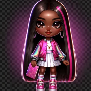 Full-body, ultra-glossy chibi-style image of an African American...