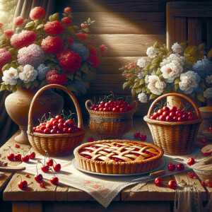Create a very beautiful vignette of a basket filled with cherrie...