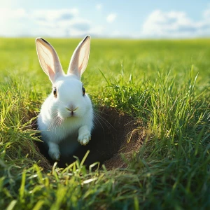 create an image of a white rabbit coming out of a hole in a gras...