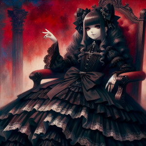 Elegant gothic lolita, beautiful lilith, red background, sitting on the throne