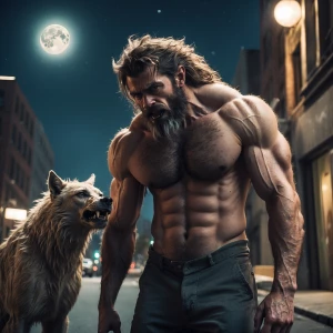 Muscle hairy lycan guy showing offA homeless man, looking at str...