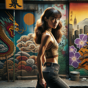 Athletic Thin skinny Attractive, Asian teenage girl, long brown hair and bangs, wearing tight skinny jeans and a halter top paint marks on her clothing, heroic pose Asian graffiti background, backside view