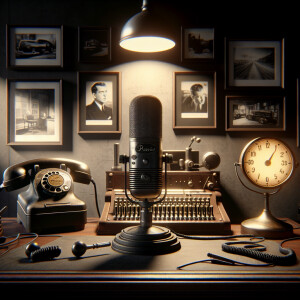 Refine a vintage noir-themed podcast studio, featuring a promine...