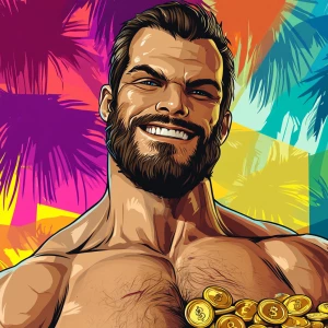 White muscular thin man with beard, big chin, smile and cheekbon...