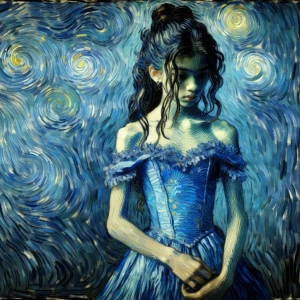 a girl in blue dress