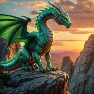 majestic emerald-green dragon perched on a rocky cliff at sunset...