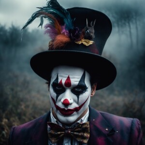 macabre demonic clown with bright white face bold black dripping...