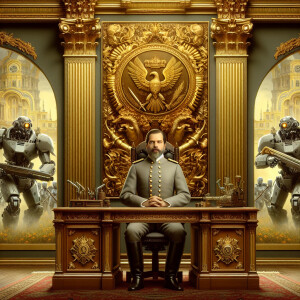 Donald trump wearing a confederate uniform, sitting behind a des...