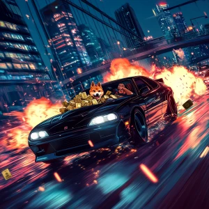 MEME DOGE driving a black muscle sports car, trunk overflowing...