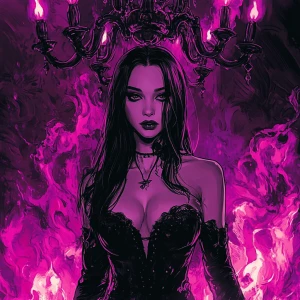 Create a 2D artwork of a gothic girl standing under a chandelier...