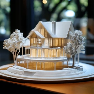 3D printed scale model of a house being displayed as art