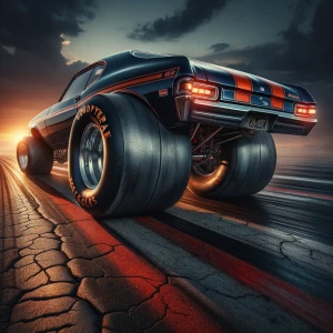 A 76 Chevy Nova SS funny car, dramatically angled with its rear...