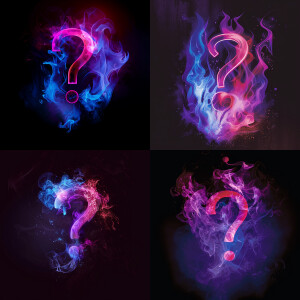 black background purple and blue flames with a red question mark...