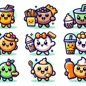 cute happy mascot for food and beverages who hold snacks, cute c...