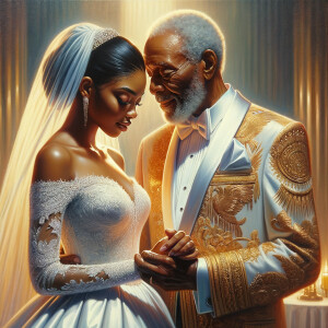 Imagine a hyper-realistic oil painting that captures a tender moment between theAfrican American bride and her God. The setting is intimate and filled with soft, warm lighting that enhances the emotional depth of the scene. The bride, in herexquisite wedding gown, shares a heartfelt embrace with her african-American Lord Jesus , who is dressedin an elegant outfit that complements the wedding's color scheme. Their expressions are full of love, pride, and joy, reflecting the special bond between them. Theattention to detail is paramount, from the intricate designs of their dresses to the subtle emotions conveyed in their facial expressions. The background is a blur ofgentle pastel hues, ensuring that the focus remains on this touching moment. Thispainting should convey the warmth, love, and depth of the relationship, with the rich textures and vibrant strokes characteristic of oil paintings, capturing the essence of this significant pre-wedding moment.