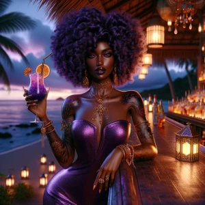 A digital airbrushed highly detailed, realistic stunning, confident Afro Latina woman with long voluminous deep purple curls, sitting at a luxurious tropical beachside bar at sunset. She wears a shimmering, form-fitting purple dress with gold embellishments, intricate jewelry, & elegant tattoos. Holding a vibrant cocktail garnished with an orange slice, she exudes mystery & allure. Background is a beautifully lit tiki-style bar with bottles of exotic liquors, glowing lanterns, palm trees, & a serene ocean view. The ambiance is sultry & glamorous, blending rich purples, warm golden lights, & deep tropical blues.