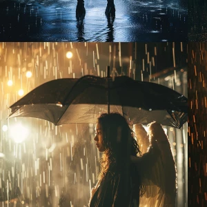 A powerful angel standing in the rain, glowing wings, cinematic...