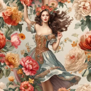 beautiful girl dancing with flowers