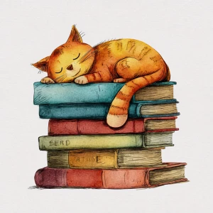 Minimalist sleeping orange cat, lying on a stack of vintage book...