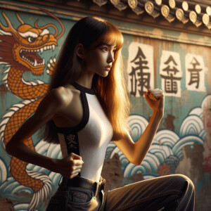 Athletic Thin skinny Attractive, Asian teenage girl, long brown hair and bangs, wearing tight skinny jeans and a halter top paint marks on her clothing, heroic pose Asian graffiti background, side view