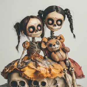 disney-esque creepy dolls with skeleton faces and dia de los Mue...