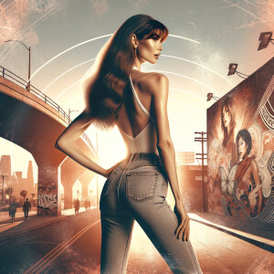 Athletic Thin skinny Attractive, Asian teenage girl, long brown hair and bangs, wearing tight skinny jeans and a halter top paint marks on her clothing, heroic pose Asian graffiti background, backside view