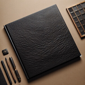 Create a jpeg image of a black leather book cover, 300 dpi, 1,60...