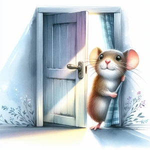 mouse peeking through an open door, watercolor  illustration, de...