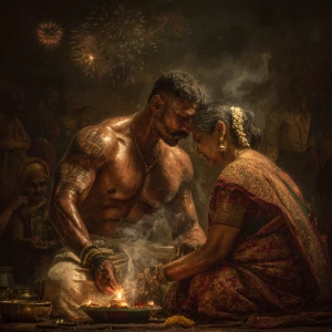 Realism, photo painting.a muscular beefy sweaty tattoed indian m...