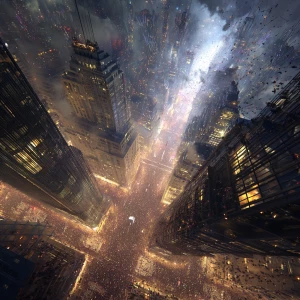 Macroscopic aerial view of New York City skyscrapers, surreal at...