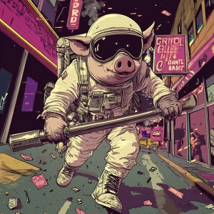 Cute cartoon pig in vintage white spacesuit and NASA style helme...