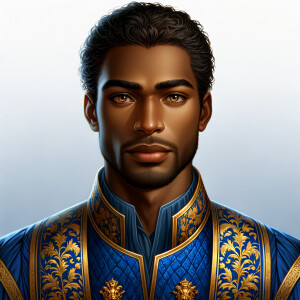 Create handsome African-American, Jesus, with Hazel Brown eyes wearing a blue and gold robe