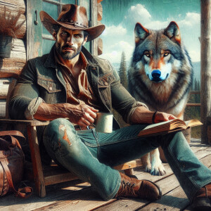 A ruggedly handsome cowboy in his 40s with a square jaw, clean-s...