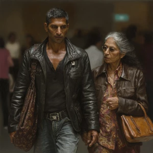hyperrealism painting.a indian criminal sweaty man ,walking wit...