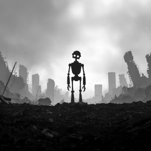 Small black silhouette of the robot to walk through a ruined cit...