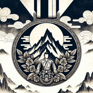 jiu jitsu medal for victory with mountains in Japanese style