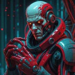 A chillingly futuristic Chrononaut with blood-red cybernetic enh...