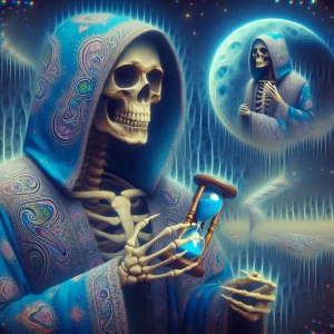 Generate an image of a skeleton wearing a blue paisley print hoo...