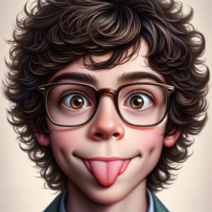 Create a whimsical description of a small boy with messy black h...