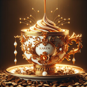 Illustrate a sumptuous coffee cup with an elaborate baroque-insp...