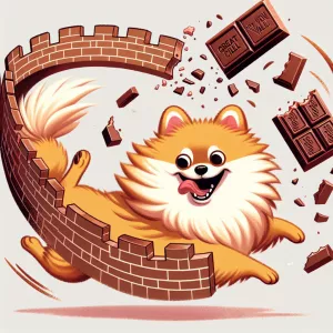 Pomeranian dancing  while eating a chocolate Great Wall of china...