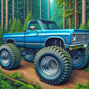 1983 Chevrolet C10, candy blue,  Forrest background,  ultra-deta...